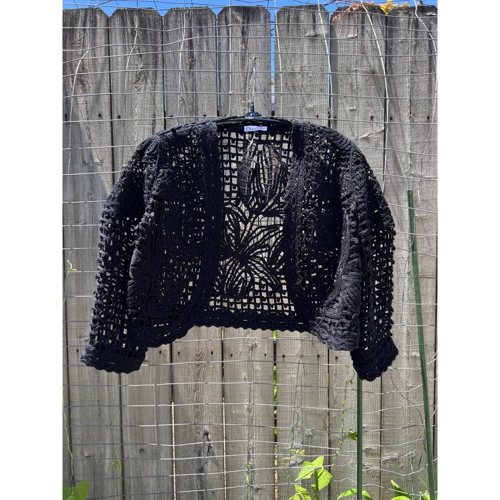 OSCAR DE LA RENTA VTG Black Ribbon Crochet Lace Bolero Cropped Jacket S/M